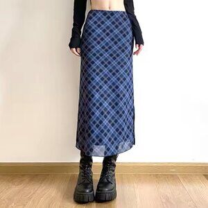 NEW Y2K Midi Skirt Sz.M Blue Plaid Mesh Pull-On Whimsigoth 90s Boho